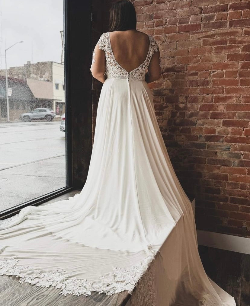 Decker - boho wedding dress with long sleeves and open V back, chiffon skirt with lace train
