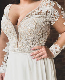 Decker - boho wedding dress with long sleeves and open V back, chiffon skirt with lace train