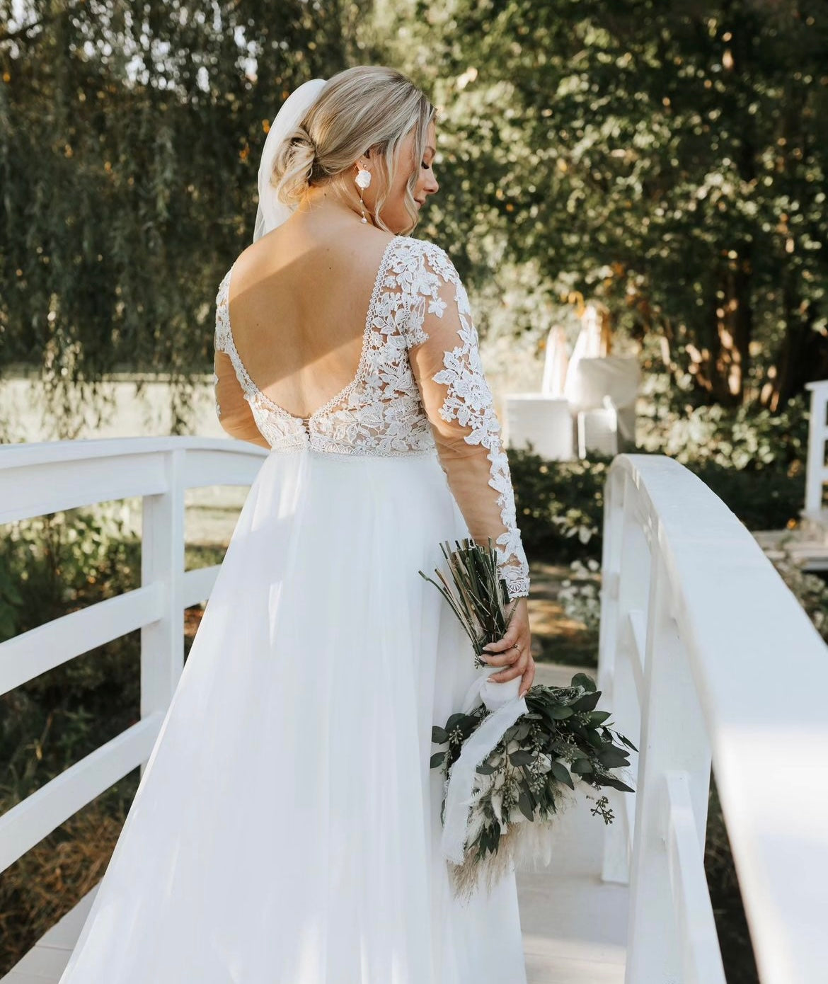 Decker - boho wedding dress with long sleeves and open V back, chiffon skirt with lace train