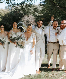 Decker - boho wedding dress with long sleeves and open V back, chiffon skirt with lace train