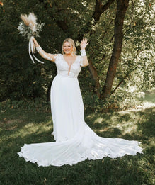 Decker - boho wedding dress with long sleeves and open V back, chiffon skirt with lace train