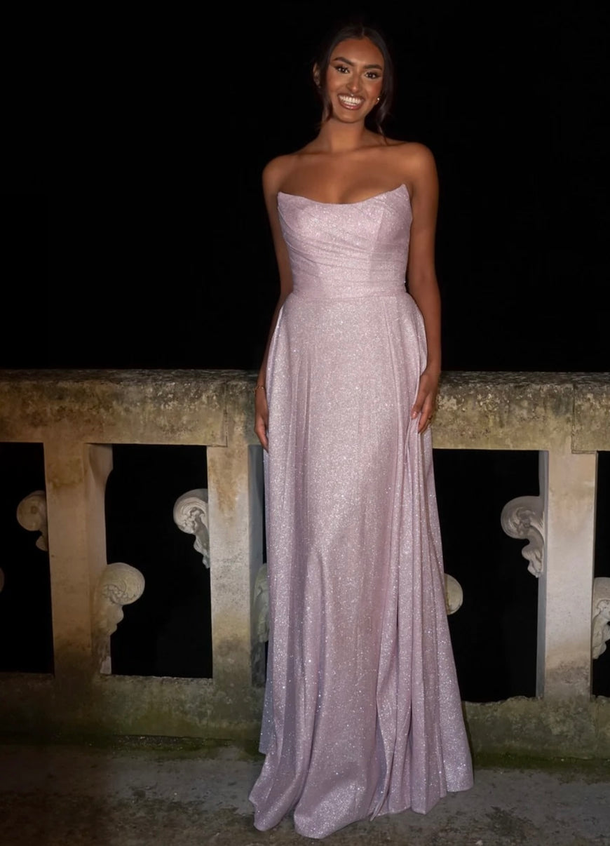 Andrew - Robe longue à bustier moderne en jersey extensible brillant coupe ample avec fente et poches