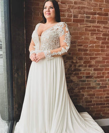 Decker - boho wedding dress with long sleeves and open V back, chiffon skirt with lace train