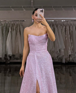 Andrew - Robe longue à bustier moderne en jersey extensible brillant coupe ample avec fente et poches