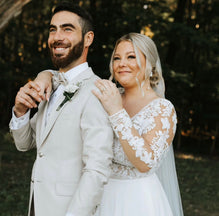 Decker - boho wedding dress with long sleeves and open V back, chiffon skirt with lace train