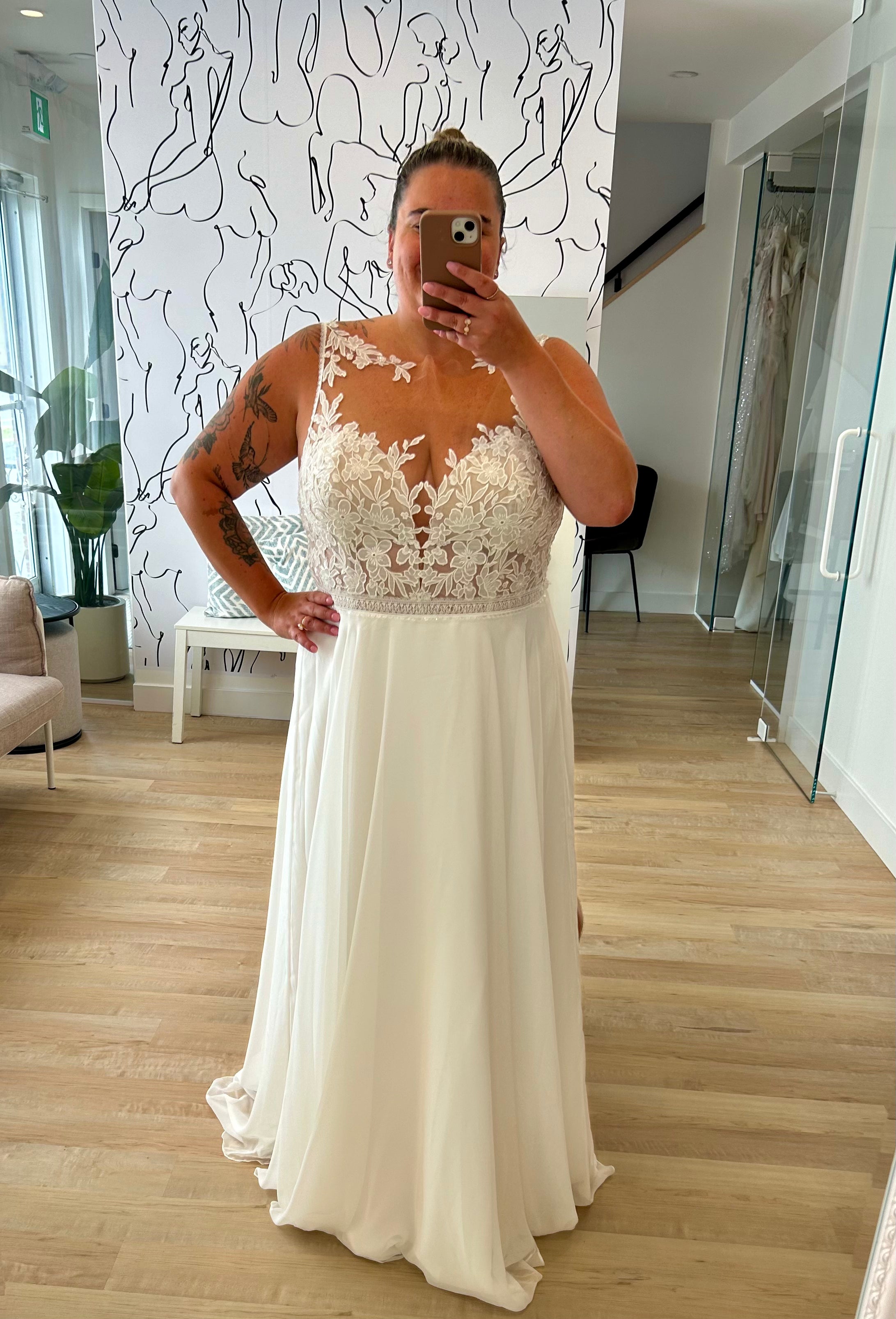 Off the shoulder illusion wedding dress discount