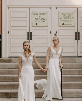 Cedar - sleeveless minimalist wedding dress with non-beaded cotton lace V-top and illusion neckline