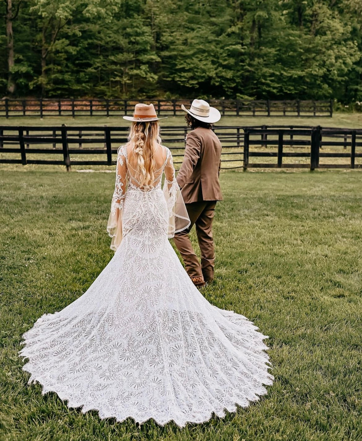 Wilson - fitted boho lace wedding dress with light tulle bell sleeves and open back