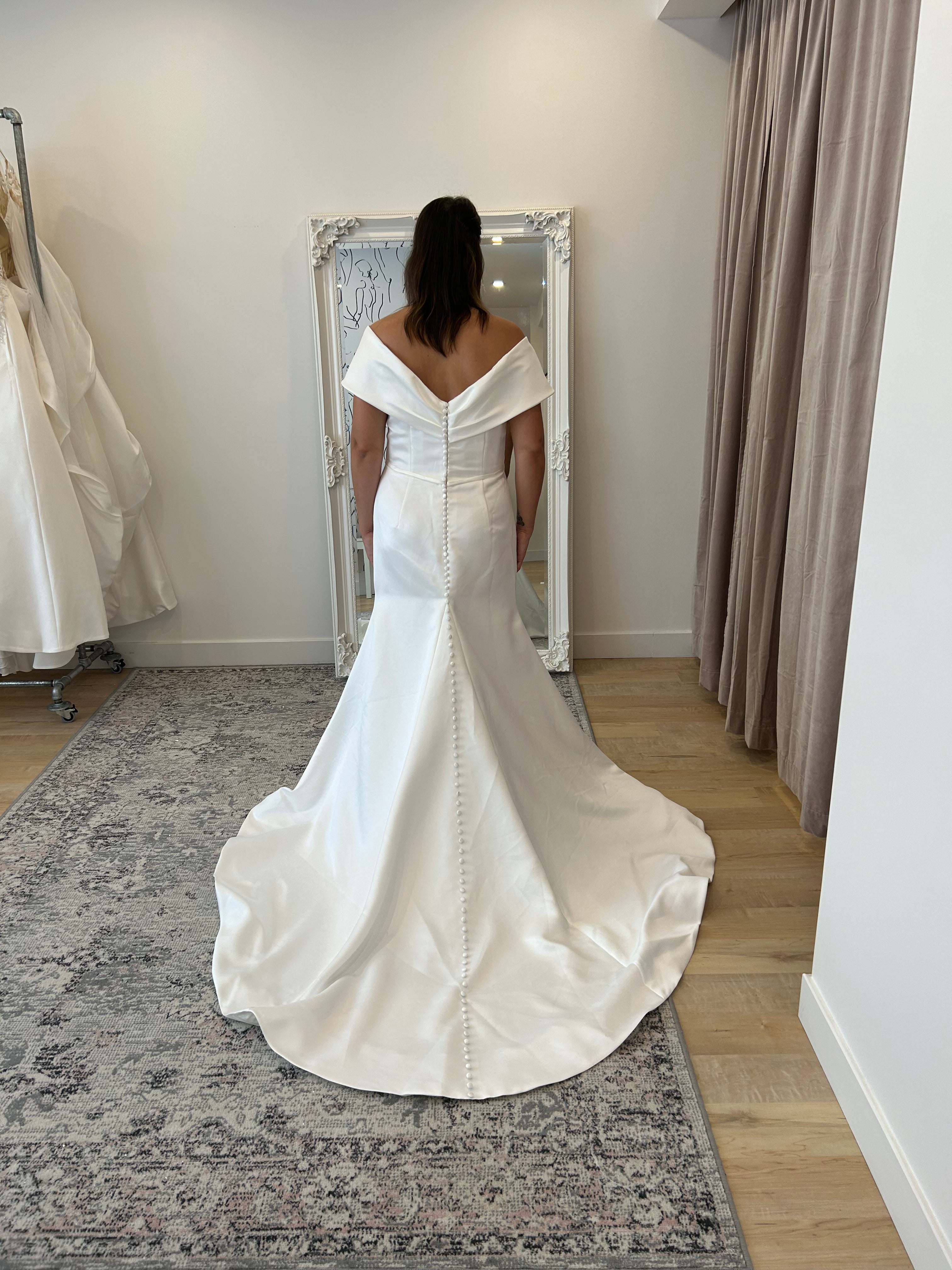 Mathilda - minimalist and contemporary slim-fit off-the-shoulder crepe wedding dress