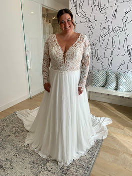 Edward - boho wedding dress with long sleeves, open V back and chiffon skirt with train with lace trim
