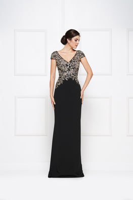 Bennett *sample size 8* - straight fit dress in high quality stretch jersey with gold embroidery