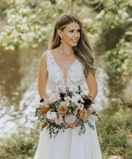 Cedar - sleeveless minimalist wedding dress with non-beaded cotton lace V-top and illusion neckline