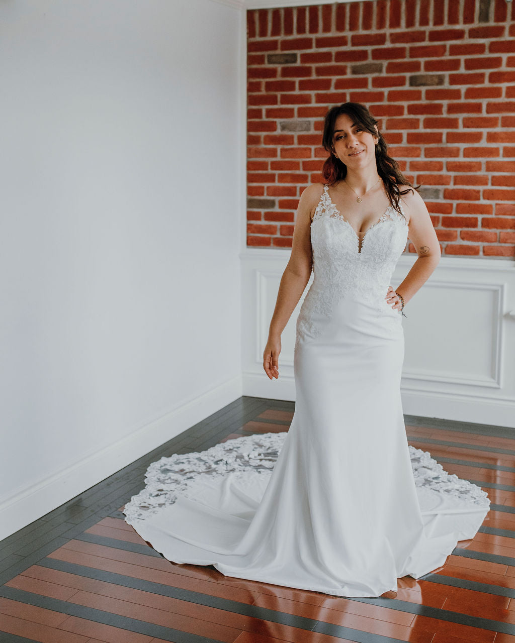 Georgina - fitted crepe wedding dress with lace embroidered top and stunning train