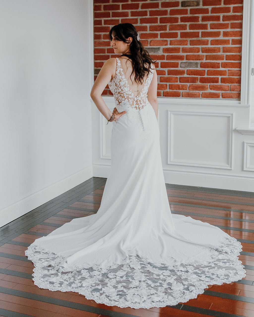 Georgina - fitted crepe wedding dress with lace embroidered top and stunning train