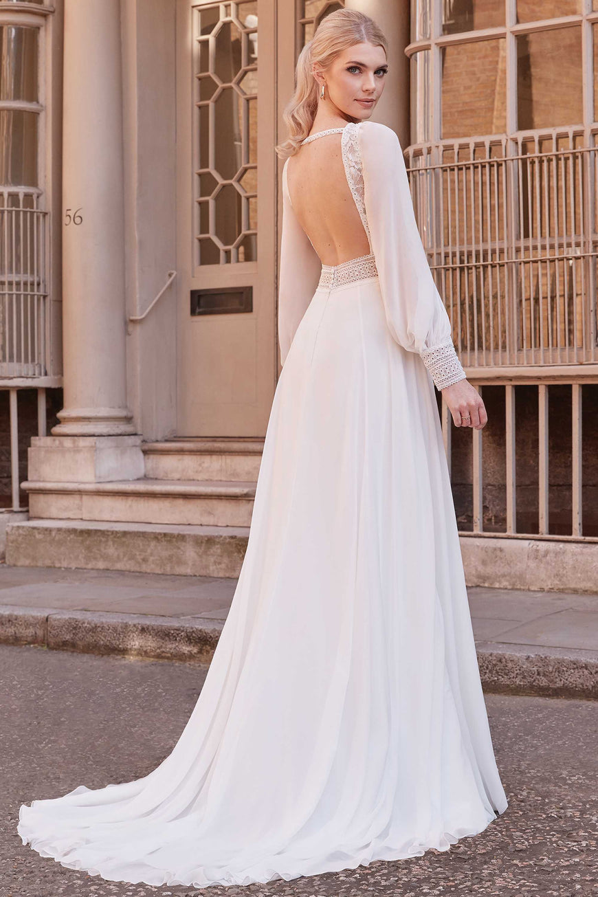 Fancy - robe de mariée avec manches longues bouffantes en chiffon, haut en dentelle, dos ouvert et jupe en chiffon