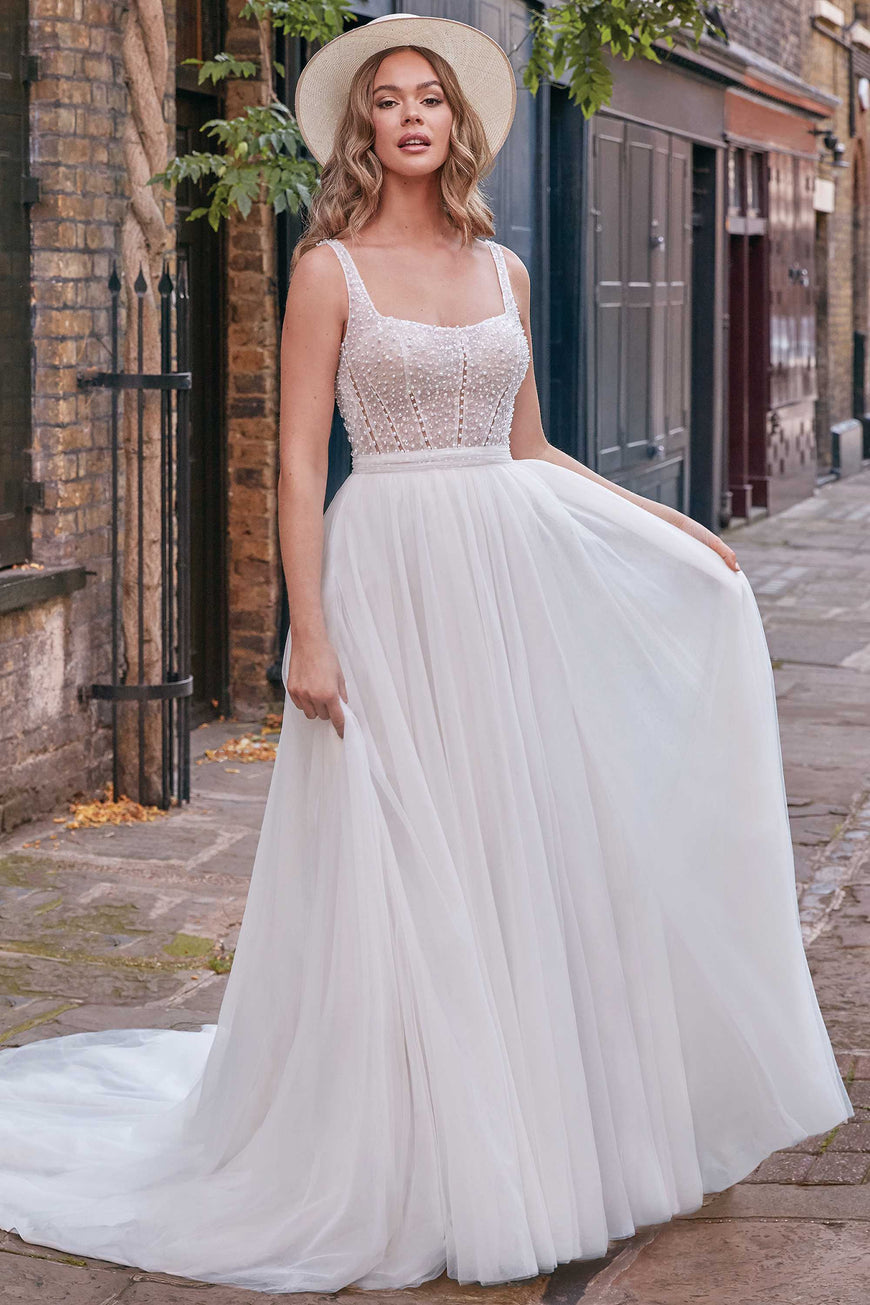 Cisco *sample size 16* - modern and bold strapless dress with beaded square neckline and tulle skirt