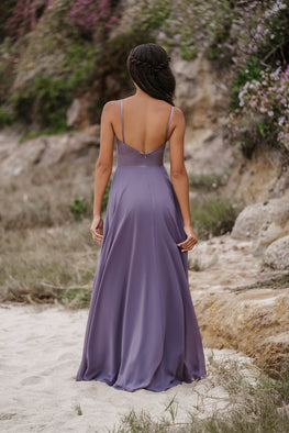 * EXCLUSIVE * Keely - long dress with satin top and chiffon skirt with straight neckline and thin straps with open back