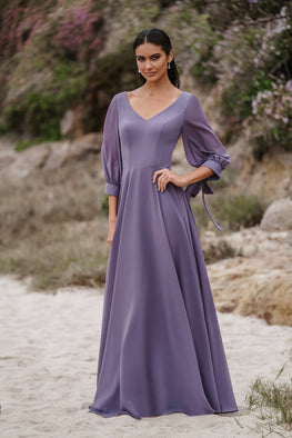 *EXCLUSIVE* Tevy - vintage-inspired slightly V-neck long dress and chiffon skirt with 3/4 sleeves with buckle finish
