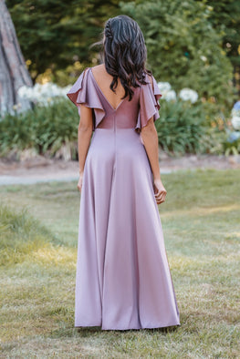 *EXCLUSIVE* Yara - stretch satin jersey maxi dress with ruffle sleeves and V-back