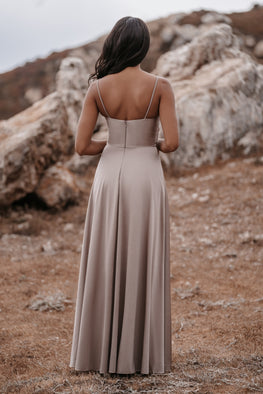 *EXCLUSIVE* Shira - stretch satin jersey maxi dress with spaghetti straps and wrap-effect neckline