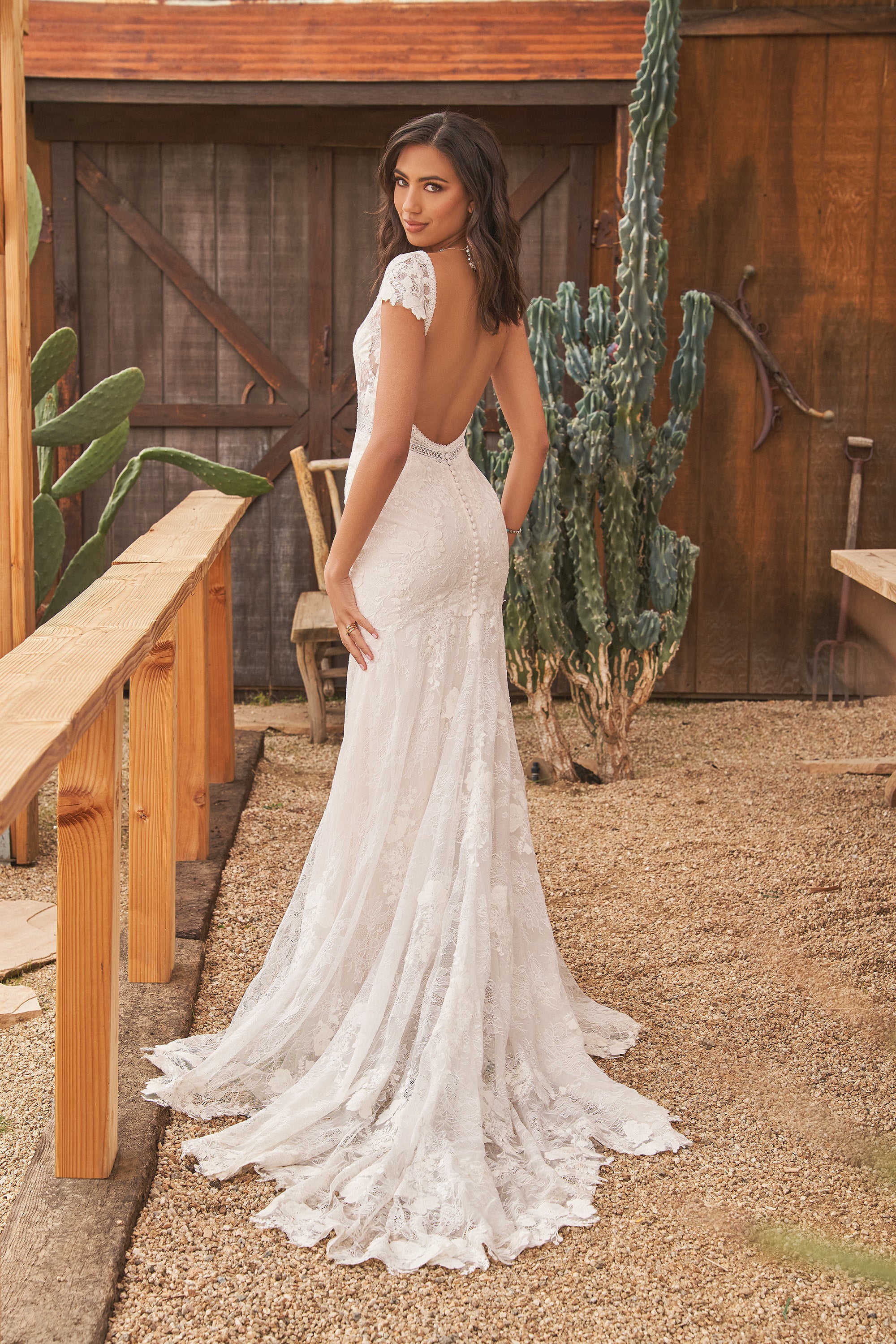 Wilbur - slim fit boho lace wedding dress with short sleeves and backless