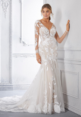 Karina *échantillon taille 6* - robe de mariée à manches longues ajustée à imprimé floral statement