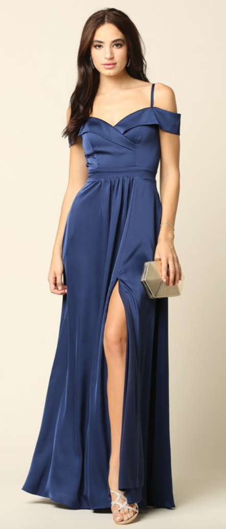 Harlyn long dress in off shoulder satin fabric with sweetheart neckl