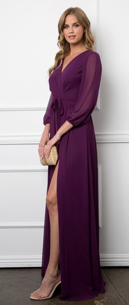 Adaxia - long chiffon dress with neckline with translucent 3/4 sleeves