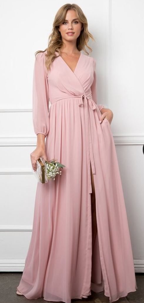 Adaxia - long chiffon dress with neckline with translucent 3/4 sleeves
