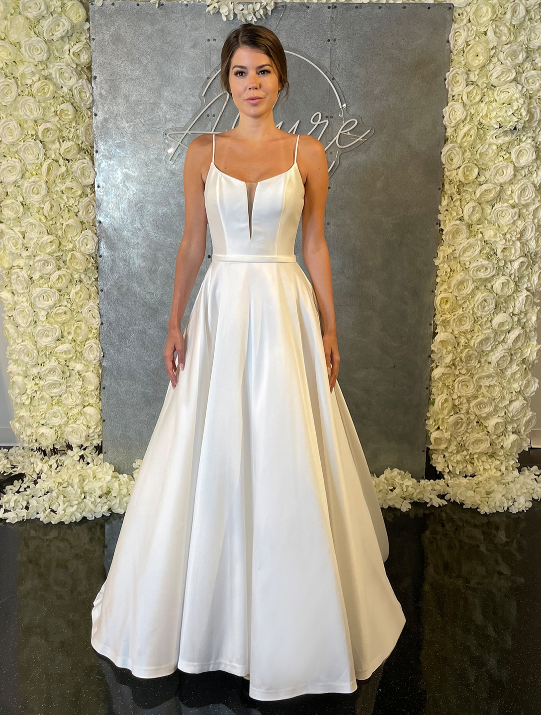 Yale classic wedding dress with illusion plunging neckline thin str