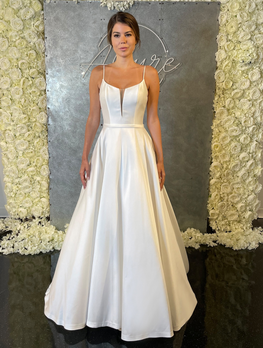 Yale - classic wedding dress with illusion plunging neckline, thin straps and cinched waist