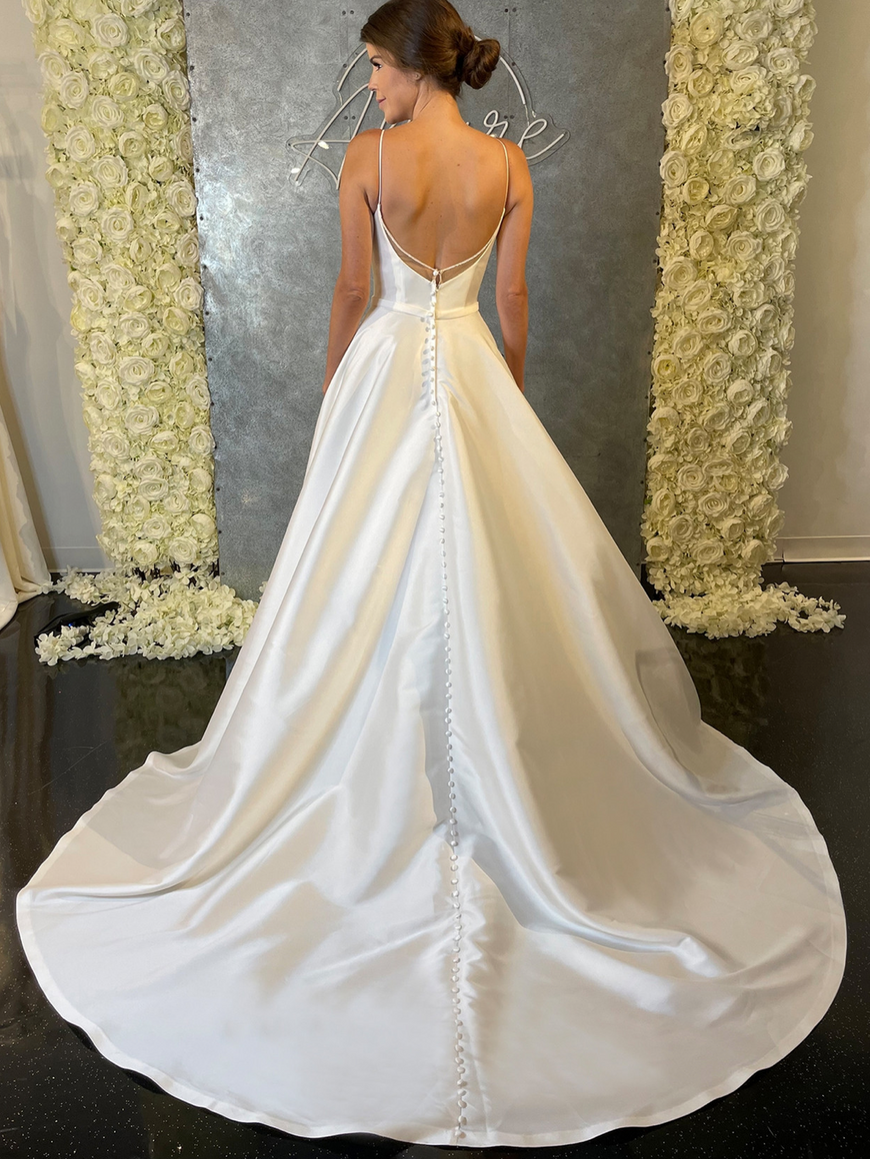 Yale * sample size 16 - classic wedding dress with illusion plunging neckline, thin straps and cinched waist