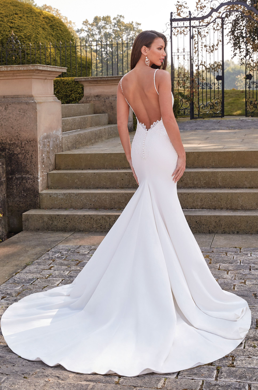 Dahlia - slim fit crepe wedding dress with thin straps and completely open back