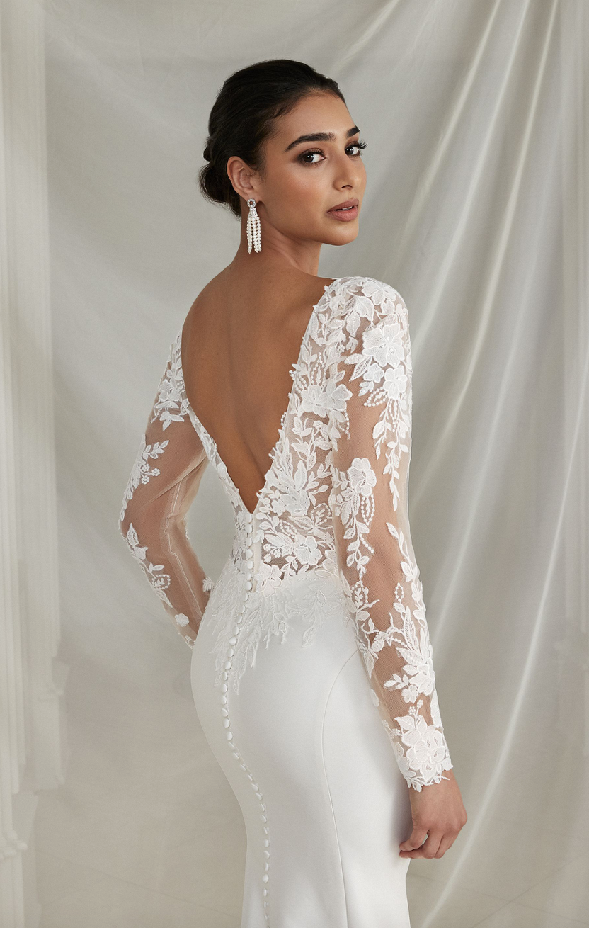 Trixie - long sleeve slim fit wedding dress with mikado bottom and lace insert in the train