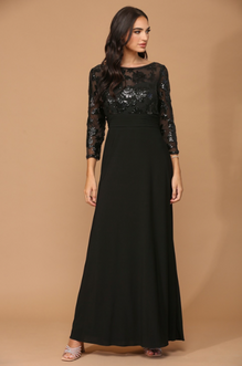 Frankie - long dress with 3/4 sleeve lace top and ruffled stretch chiffon skirt