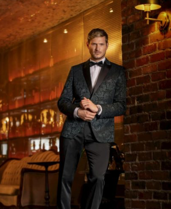 2 piece suit with chic and classic jacket from our PAISLEY collection with black satin edge and slim fit black pants