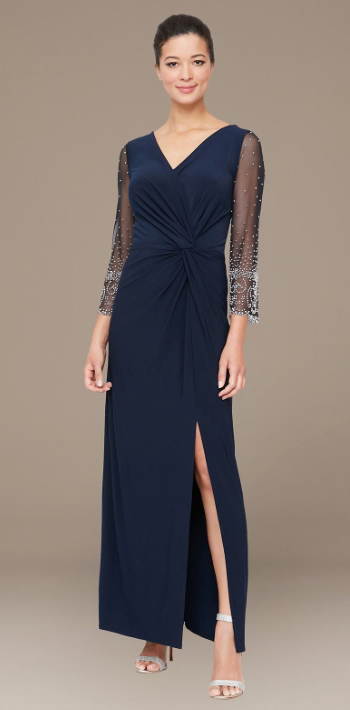 Derby *sample size 18* - long jersey dress with 3/4 sleeves and illusion beading on the sleeves