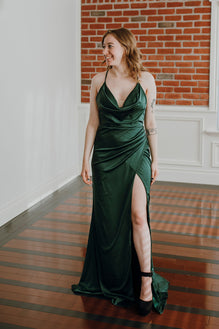 Inaya - sexy evening dress in satin fabrics with plunging smock neck and slit leg