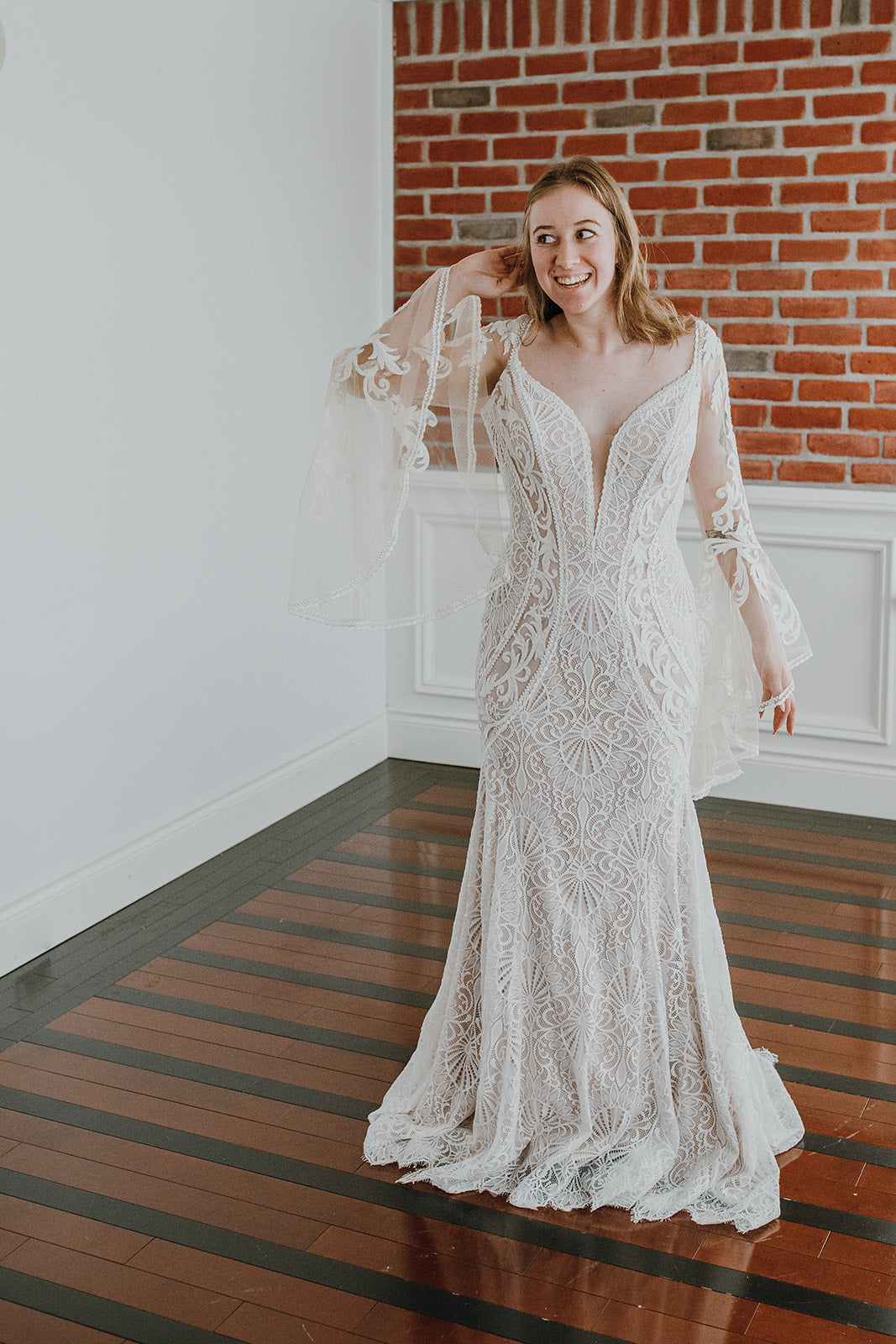 Wilson *sample size 8 - fitted lace boho wedding dress with lightweight tulle bell sleeves and open back