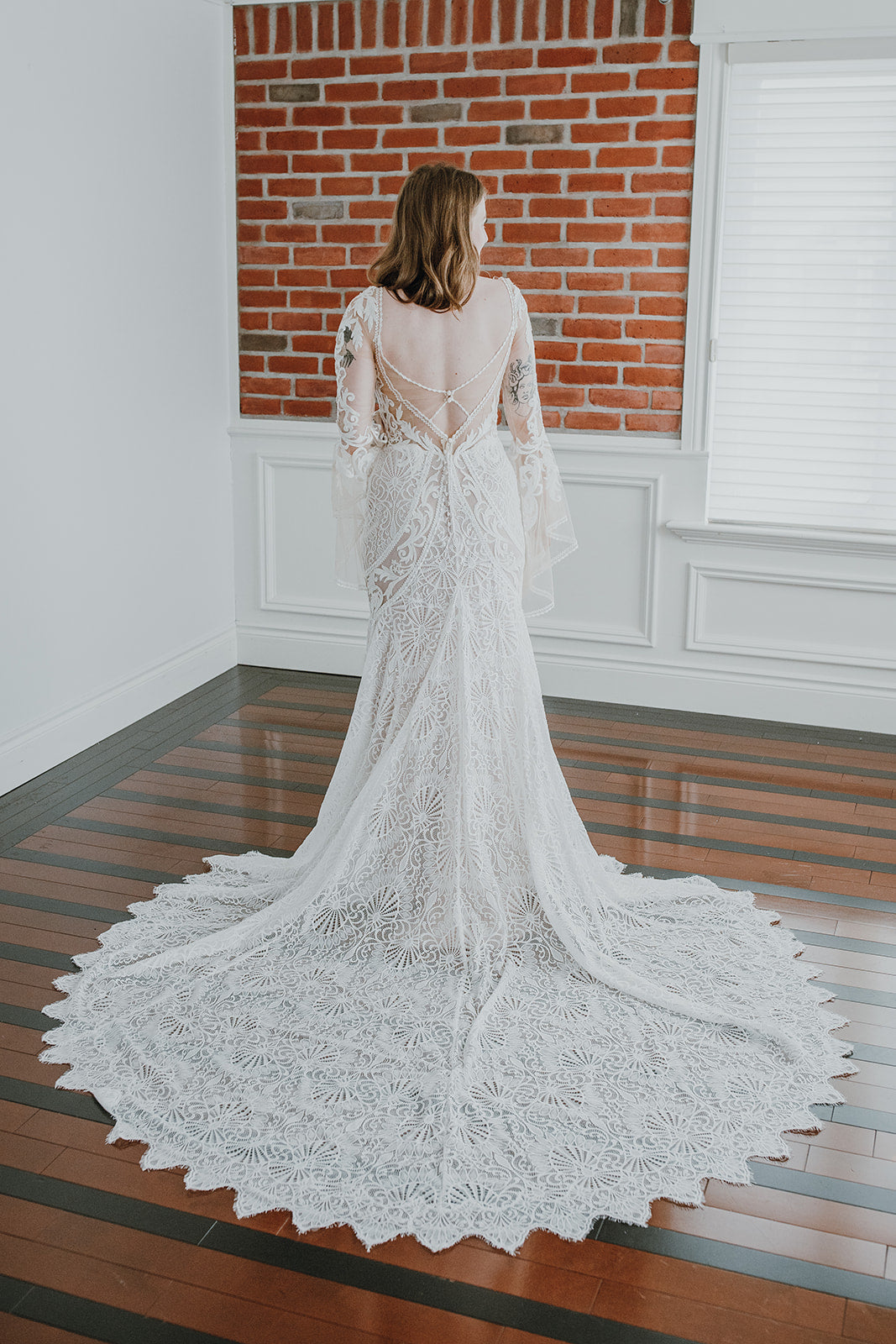 Wilson - fitted boho lace wedding dress with light tulle bell sleeves and open back