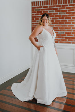 Cherie *sample size 22* - classic wedding dress with illusion plunging neckline, thin straps and cinched lace waist