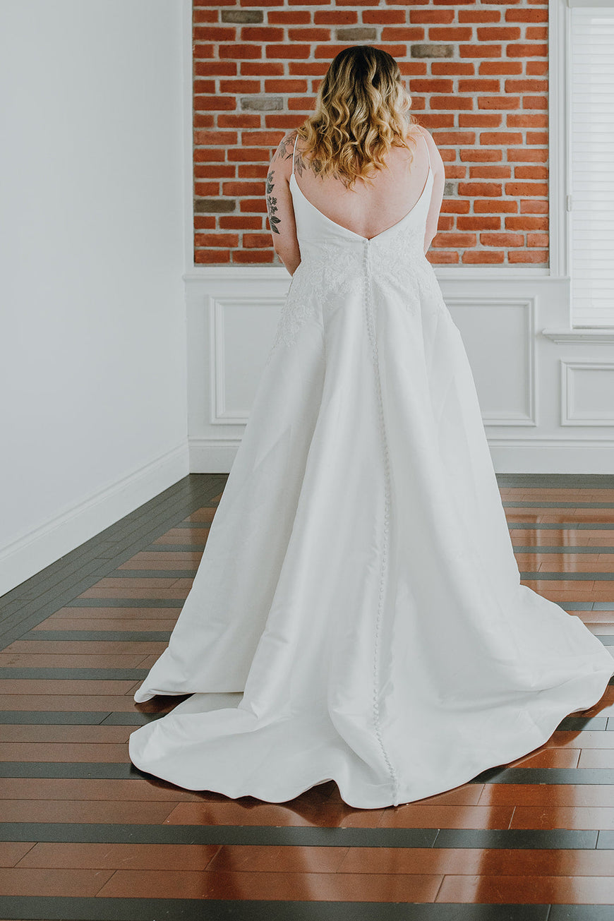 Cherie *sample size 22* - classic wedding dress with illusion plunging neckline, thin straps and cinched lace waist