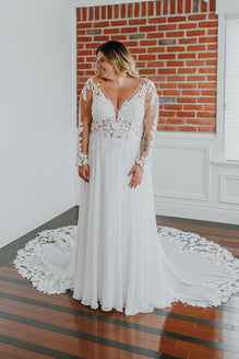 Cassandra *plus size* - boho wedding dress with cotton lace and chiffon skirt with majestic train