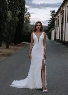 Misty *sample size 10* - wedding dress with modern top and fitted skirt with feathers and beading