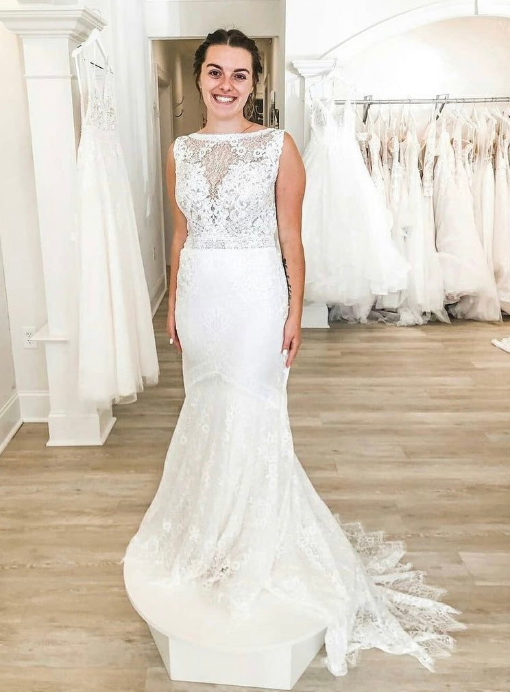 Carson *sample size 10* - fitted lace boho wedding dress with or without sleeves