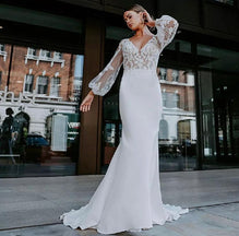 Bella - modern boho wedding dress with cotton lace and fitted satin crepe skirt, long puff sleeves