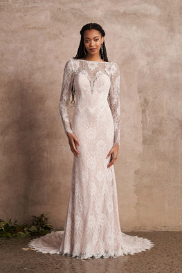 Milo *sample size 10* - fitted lace boho wedding dress with long sleeves and completely open back