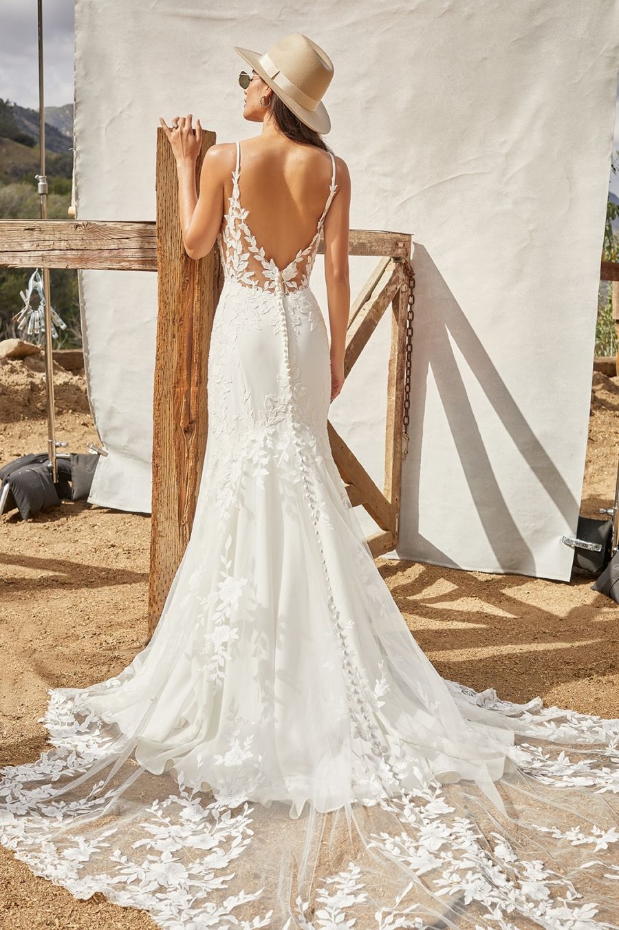 Blaze - sleeveless slim fit wedding dress with crepe bottom and floral lace train without beading