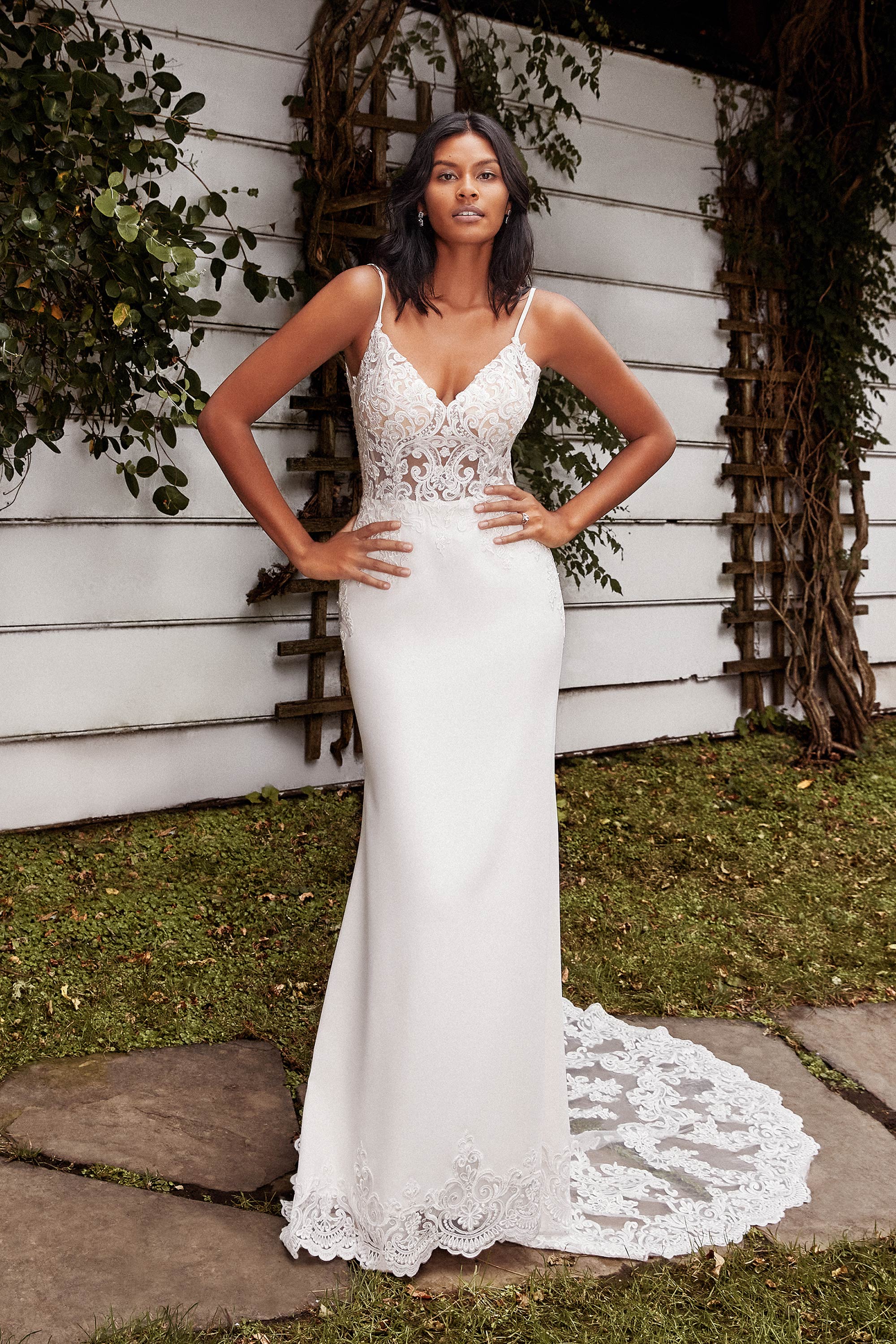 Janice *sample size 12* - slim fit sleeveless wedding dress with crepe bottom and lace insert