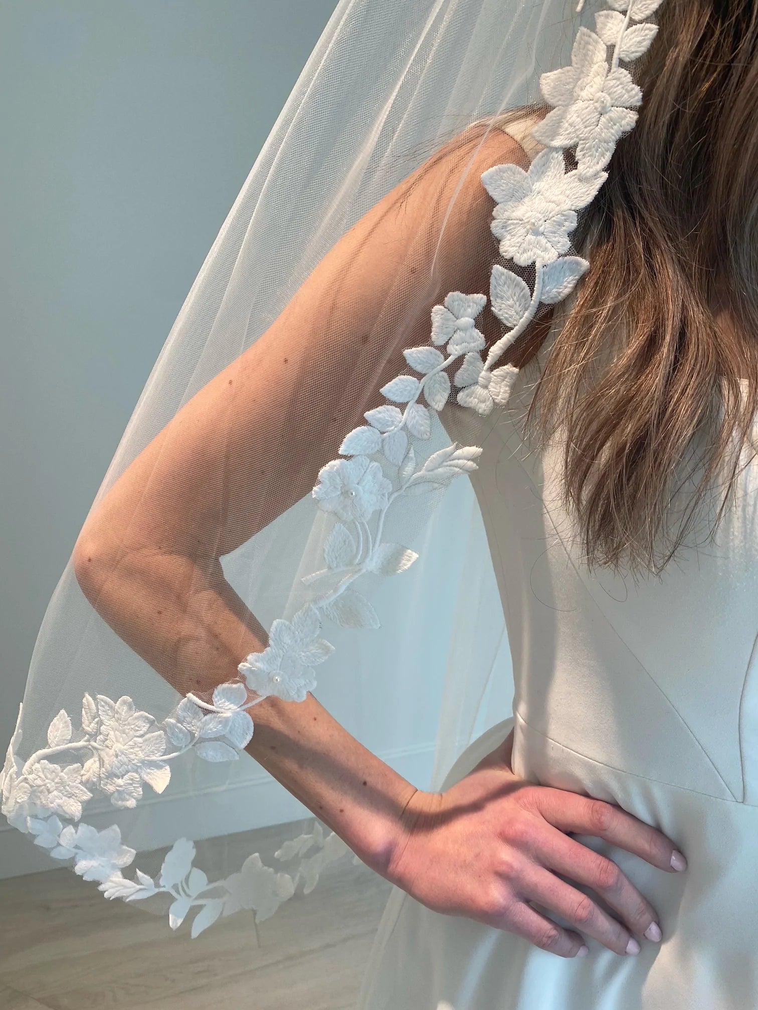 Katren Mid length veil with cotton lace trim